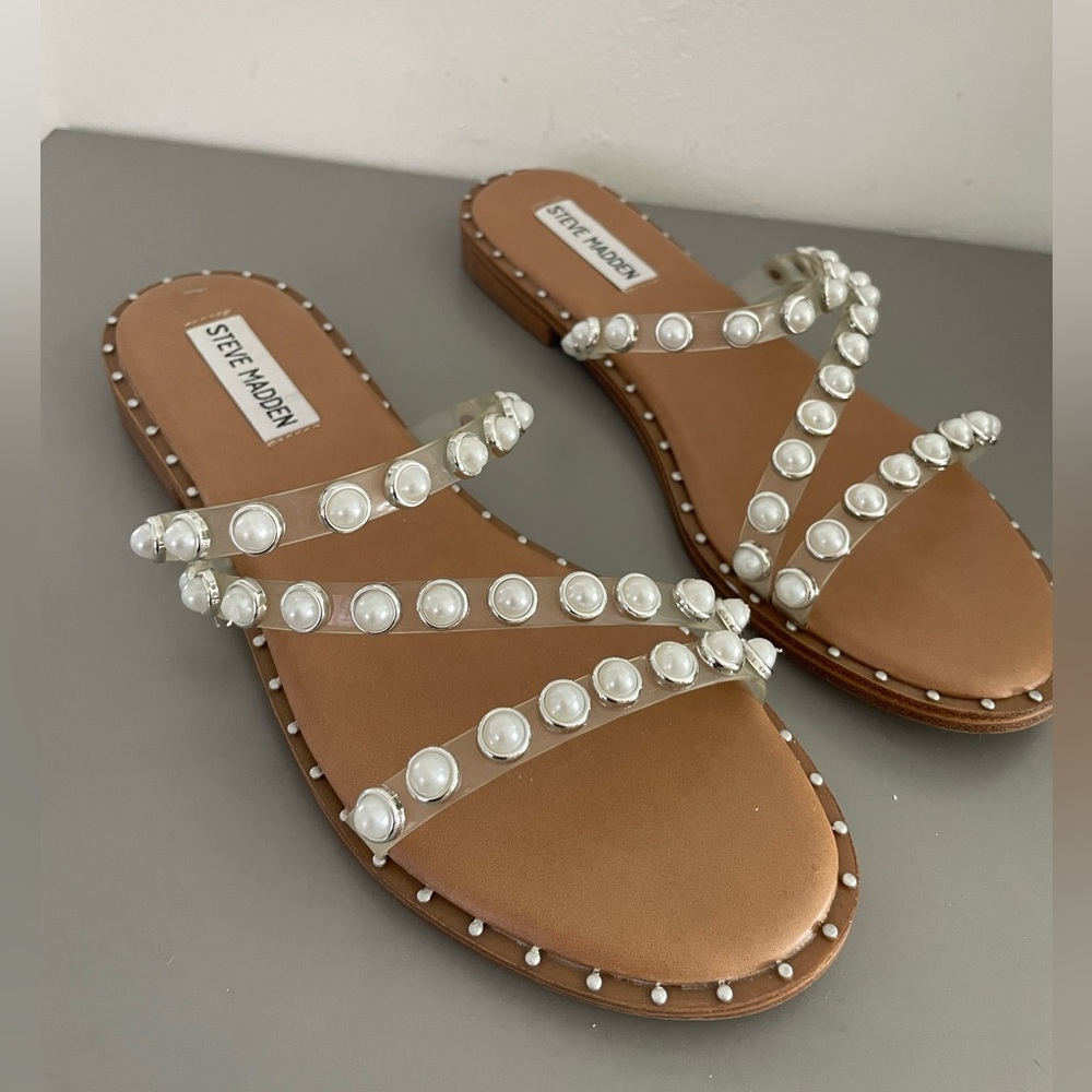 Steve Madden Tan Sandals with Pearl Accents